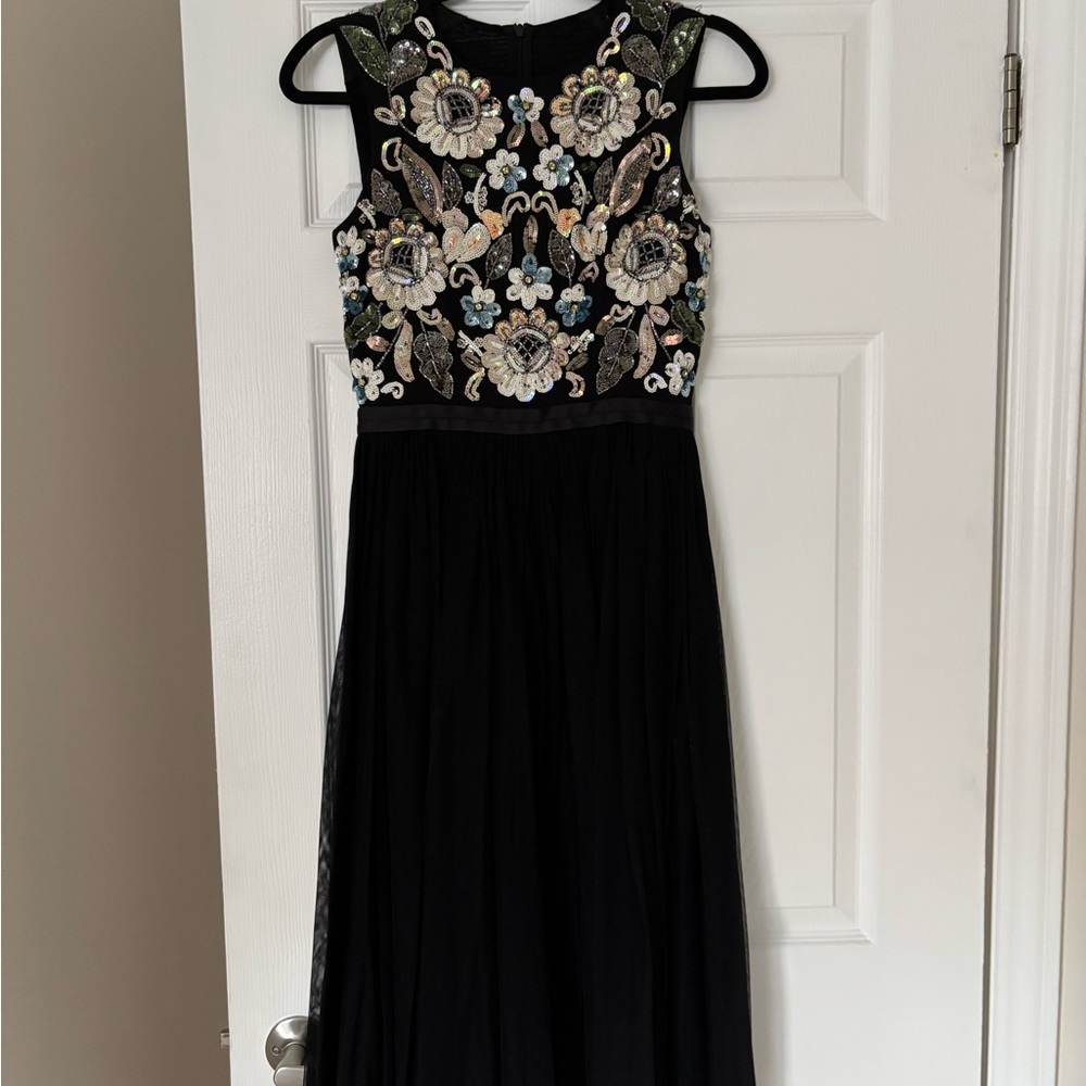 Needle & Thread Black Maxi Dress with Floral Embroidery